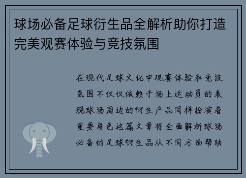 球场必备足球衍生品全解析助你打造完美观赛体验与竞技氛围